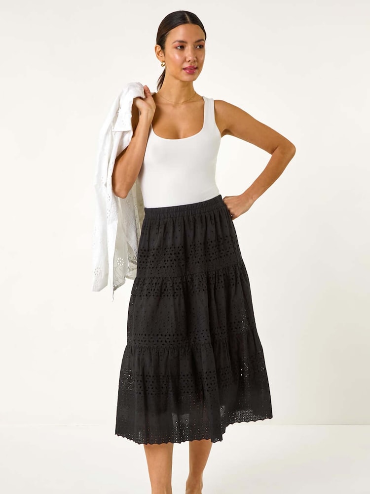 Roman Black 100% Cotton Broderie Cotton A-Line Midi Skirt - Image 1 of 5