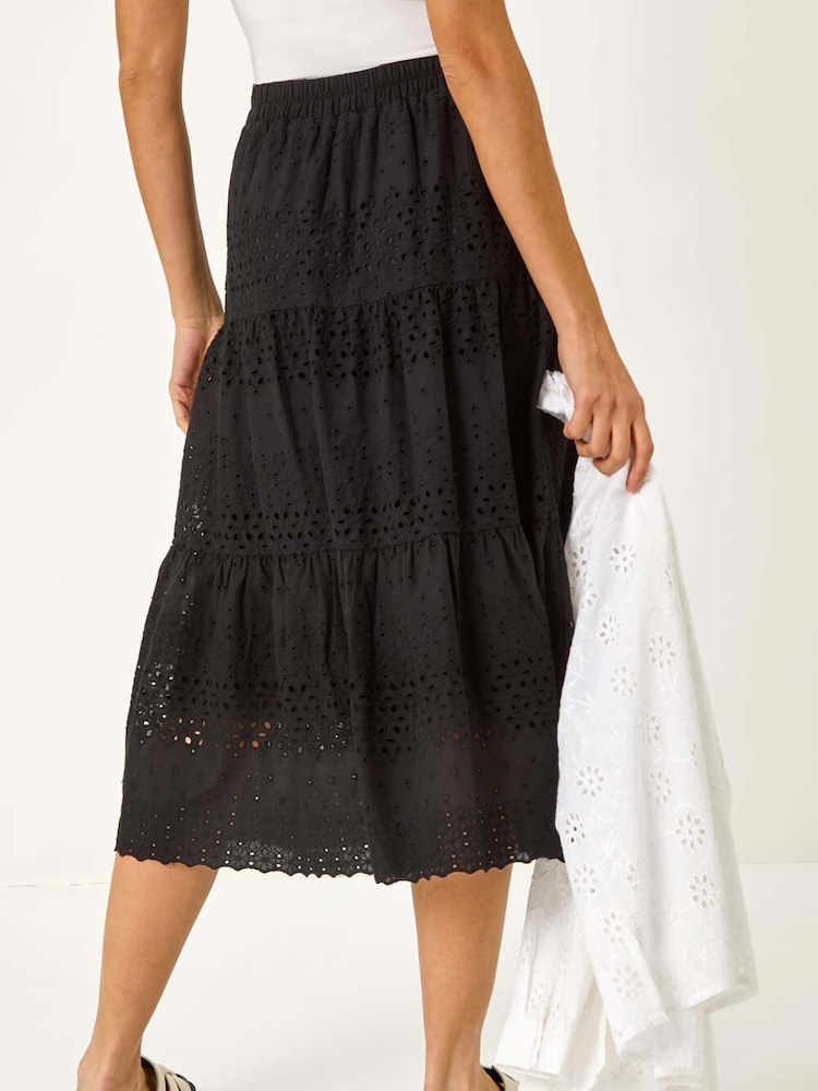 Roman Black 100% Cotton Broderie Cotton A-Line Midi Skirt - Image 3 of 5