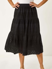 Roman Black 100% Cotton Broderie Cotton A-Line Midi Skirt - Image 4 of 5