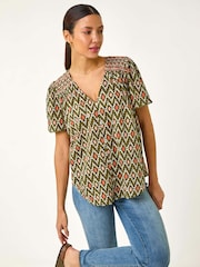 Roman Green Printed Shirred Shoulder Top - Image 1 of 5