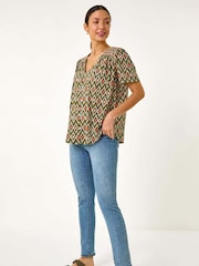 Roman Green Printed Shirred Shoulder Top - Image 2 of 5