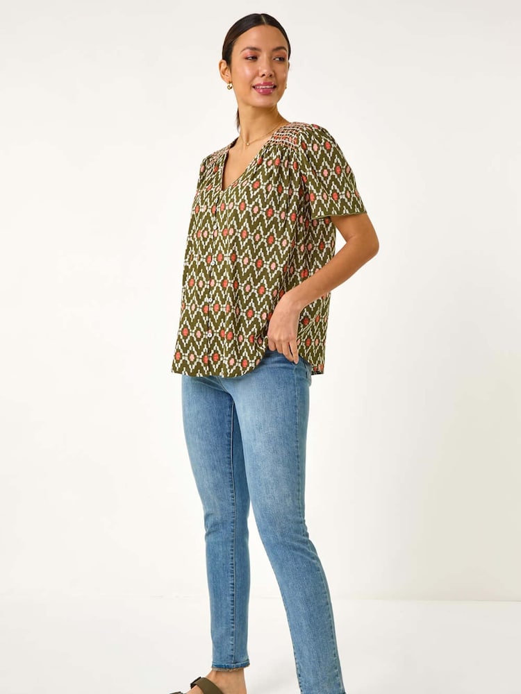 Roman Green Printed Shirred Shoulder Top - Image 2 of 5 Roman Green Printed Shirred Shoulder Top - Image 2 of 5