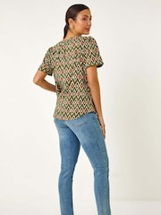 Roman Green Printed Shirred Shoulder Top - Image 3 of 5