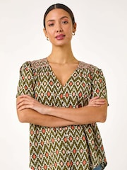 Roman Green Printed Shirred Shoulder Top - Image 4 of 5