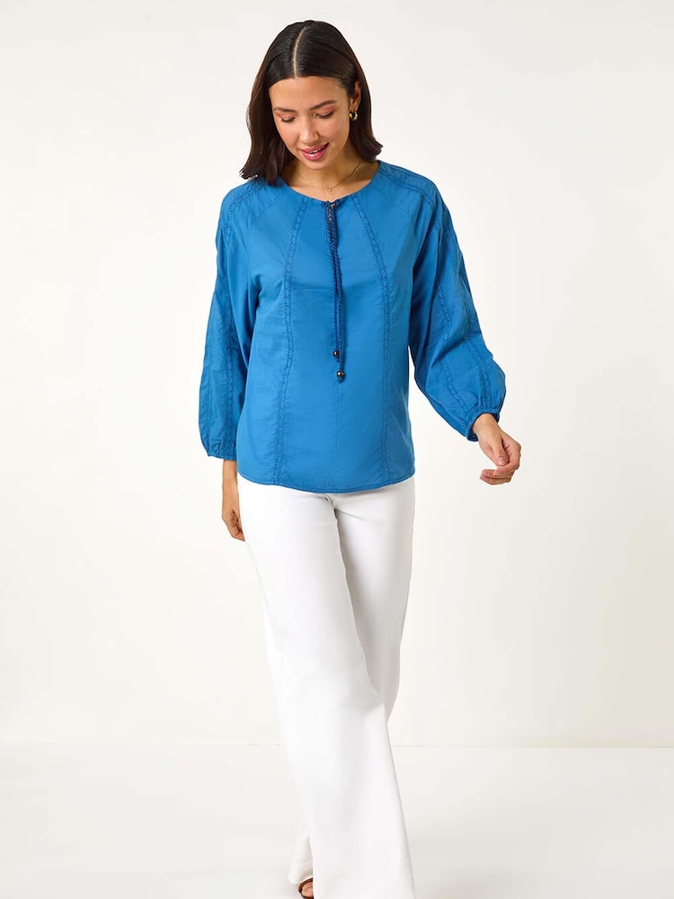 Roman Blue Lace Trim Tie V-Neck 100% Cotton Top - Image 1 of 5