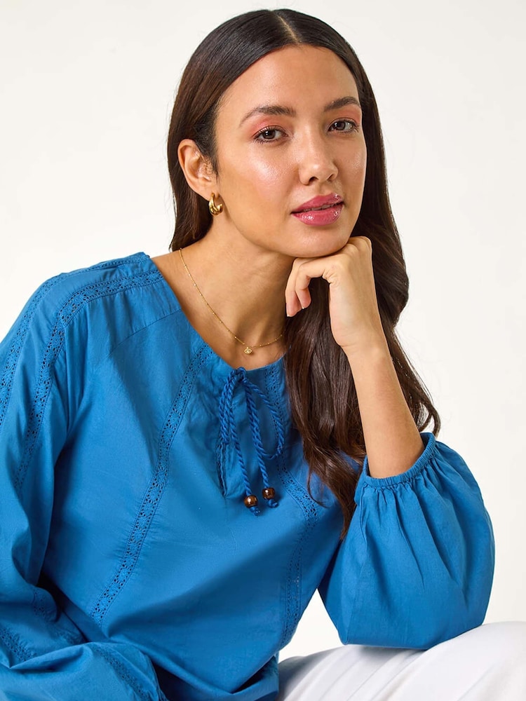 Roman Blue Lace Trim Tie V-Neck 100% Cotton Top - Image 2 of 5