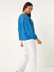 Roman Blue Lace Trim Tie V-Neck 100% Cotton Top - Image 3 of 5