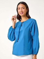 Roman Blue Lace Trim Tie V-Neck 100% Cotton Top - Image 4 of 5