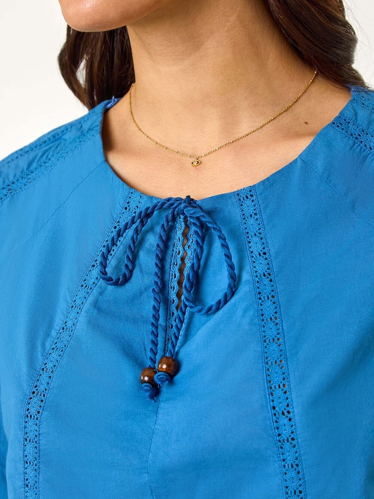 Roman Blue Lace Trim Tie V-Neck 100% Cotton Top - Image 5 of 5