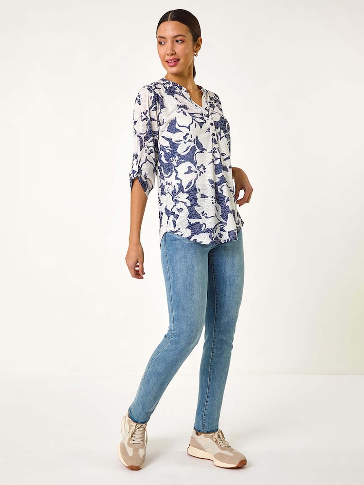 Roman Blue Floral Print Burnout V-Neck Shirt - Image 1 of 5