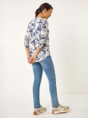 Roman Blue Floral Print Burnout V-Neck Shirt - Image 2 of 5