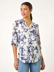 Roman Blue Floral Print Burnout V-Neck Shirt - Image 3 of 5