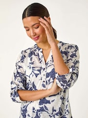 Roman Blue Floral Print Burnout V-Neck Shirt - Image 4 of 5