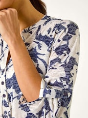 Roman Blue Floral Print Burnout V-Neck Shirt - Image 5 of 5