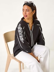 Roman Black Embroidered Sleeve V-Neck 100% Cotton Top - Image 1 of 5