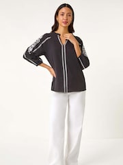 Roman Black Embroidered Sleeve V-Neck 100% Cotton Top - Image 2 of 5