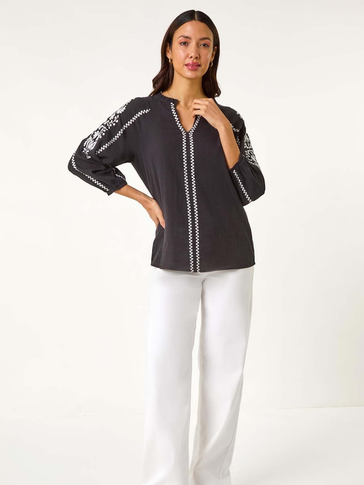 Roman Black Embroidered Sleeve V-Neck 100% Cotton Top - Image 2 of 5 Roman Black Embroidered Sleeve V-Neck 100% Cotton Top - Image 2 of 5