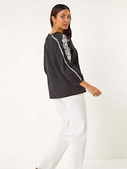 Roman Black Embroidered Sleeve V-Neck 100% Cotton Top - Image 3 of 5