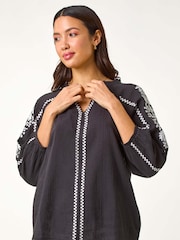 Roman Black Embroidered Sleeve V-Neck 100% Cotton Top - Image 4 of 5
