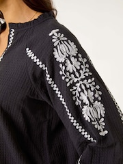 Roman Black Embroidered Sleeve V-Neck 100% Cotton Top - Image 5 of 5