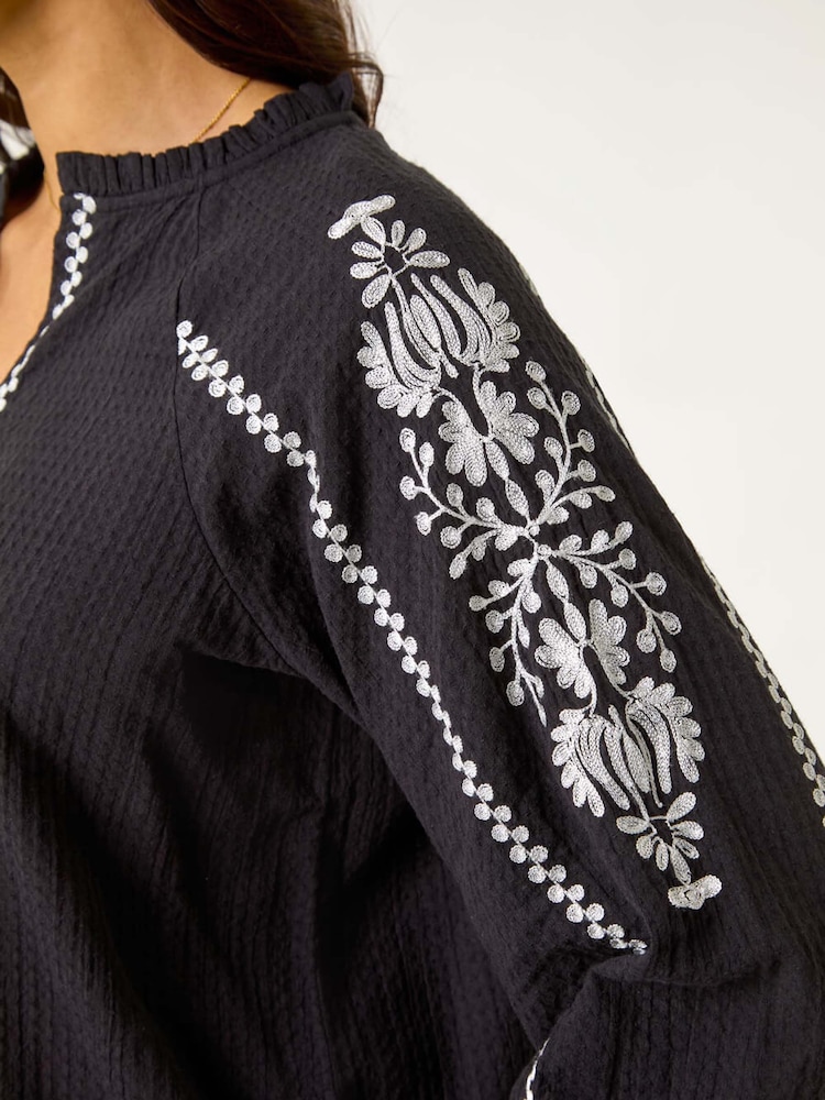 Roman Black Embroidered Sleeve V-Neck 100% Cotton Top - Image 5 of 5
