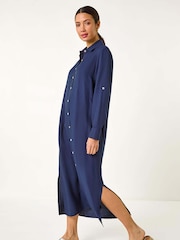 Roman Blue Button Through Shirt Midi Dress - Image 2 of 5