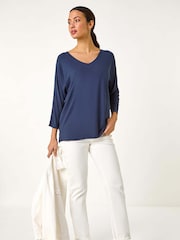 Roman Blue Ribbed V-Neck Stretch Top - Image 1 of 5