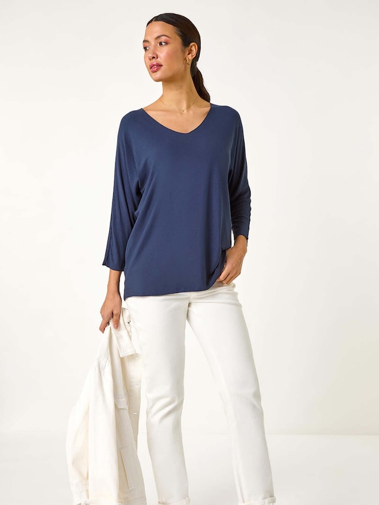 Roman Blue Ribbed V-Neck Stretch Top - Image 1 of 5