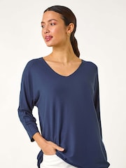 Roman Blue Ribbed V-Neck Stretch Top - Image 2 of 5