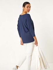 Roman Blue Ribbed V-Neck Stretch Top - Image 3 of 5