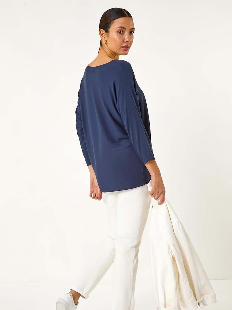 Roman Blue Ribbed V-Neck Stretch Top - Image 3 of 5
