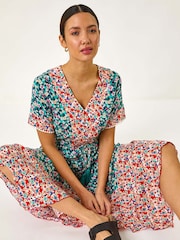 Roman Blue Floral Mix Print Midi Dress - Image 1 of 5
