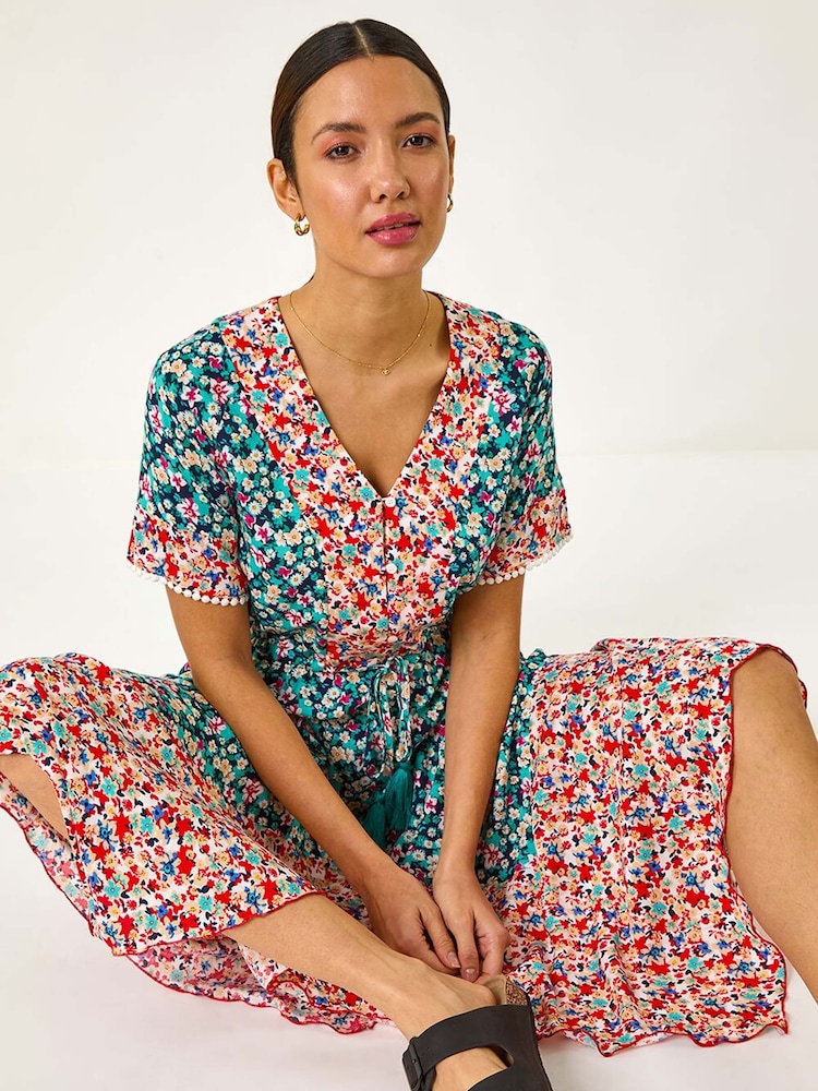 Roman Blue Floral Mix Print Midi Dress - Image 1 of 5