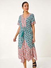 Roman Blue Floral Mix Print Midi Dress - Image 2 of 5