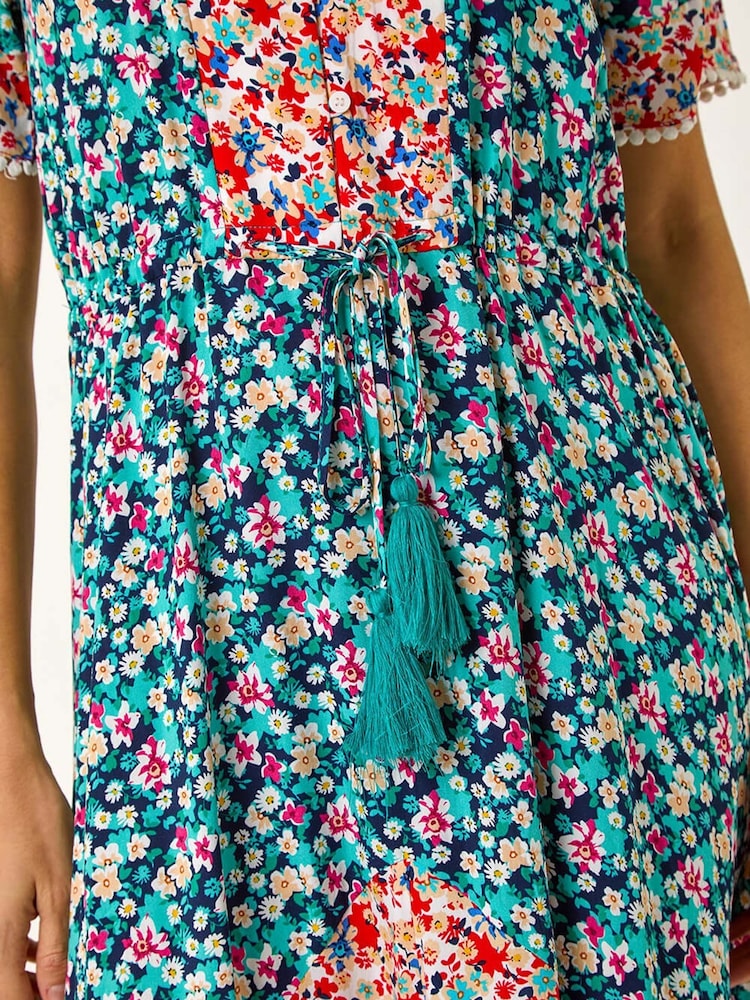 Roman Blue Floral Mix Print Midi Dress - Image 5 of 5