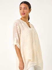 Roman Cream Leaf Print Burnout Wrap Tunic Top - Image 1 of 5