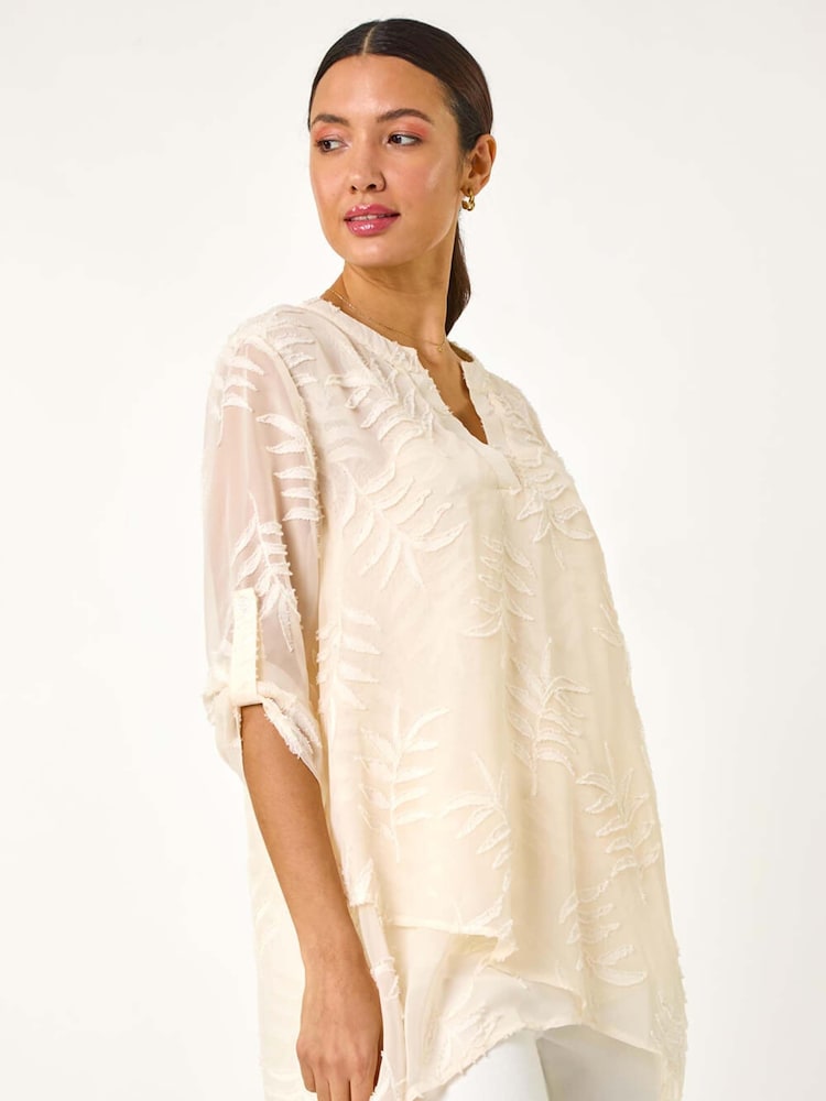 Roman Cream Leaf Print Burnout Wrap Tunic Top - Image 1 of 5