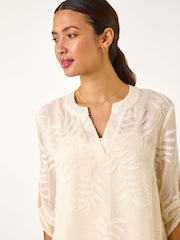 Roman Cream Leaf Print Burnout Wrap Tunic Top - Image 2 of 5