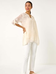 Roman Cream Leaf Print Burnout Wrap Tunic Top - Image 3 of 5