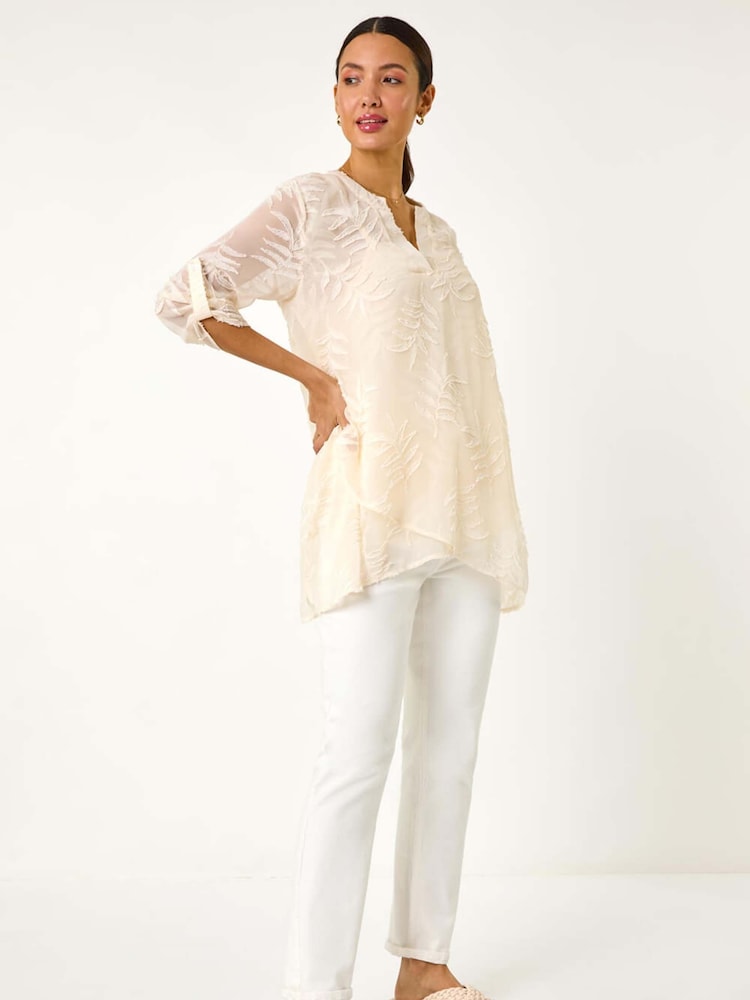 Roman Cream Leaf Print Burnout Wrap Tunic Top - Image 3 of 5