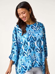 Roman Blue Ikat Print Tunic Top - Image 1 of 5