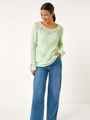 Roman Green Diamond Textured Crochet Jumper - Image 2 of 5