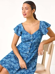 Roman Blue 100% Cotton Denim Print Buttoned Mini Dress - Image 1 of 5