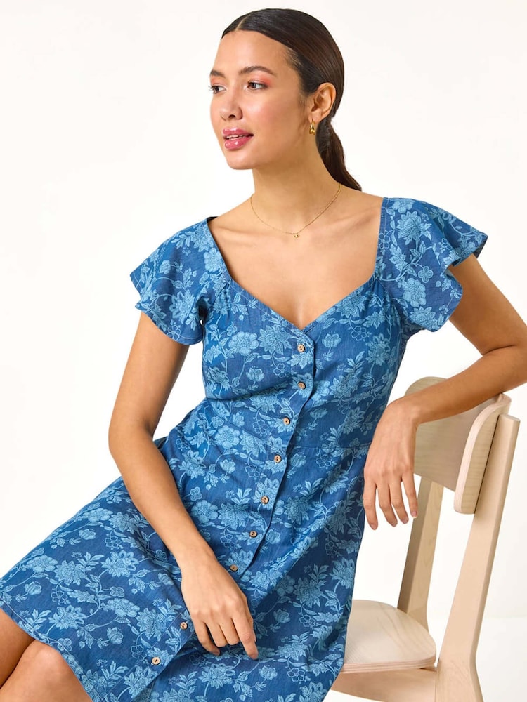 Roman Blue 100% Cotton Denim Print Buttoned Mini Dress - Image 1 of 5