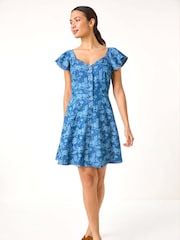 Roman Blue 100% Cotton Denim Print Buttoned Mini Dress - Image 2 of 5