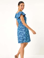 Roman Blue 100% Cotton Denim Print Buttoned Mini Dress - Image 3 of 5