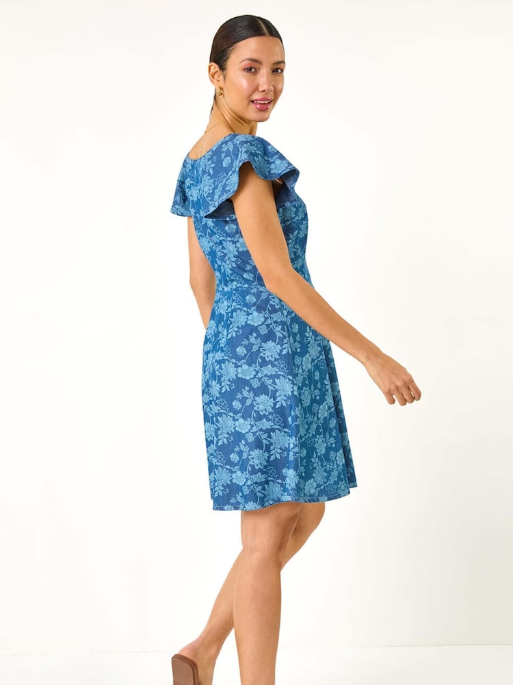 Roman Blue 100% Cotton Denim Print Buttoned Mini Dress - Image 3 of 5