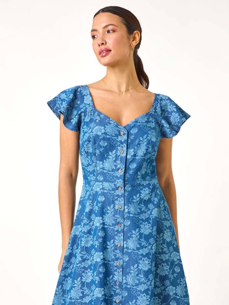 Roman Blue 100% Cotton Denim Print Buttoned Mini Dress - Image 4 of 5