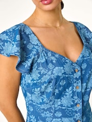 Roman Blue 100% Cotton Denim Print Buttoned Mini Dress - Image 5 of 5