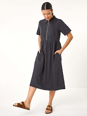 Roman Black Denim Zip Midi Dress - Image 1 of 5